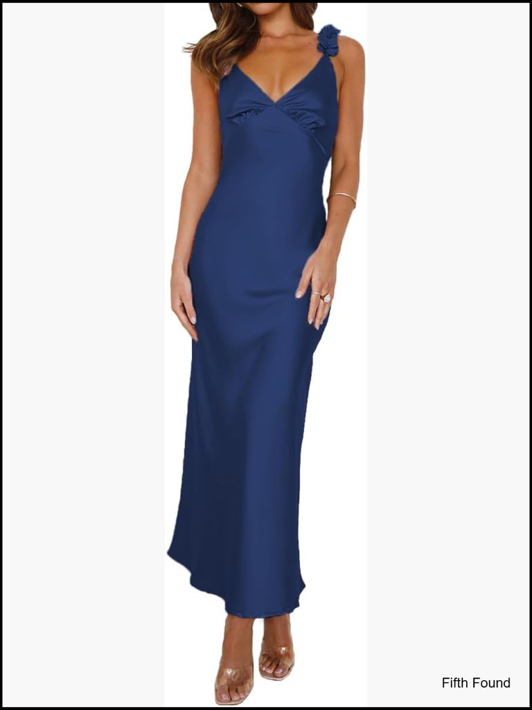 Satin Spaghetti Strap V Neck Midi Dress Backless Floral Formal
